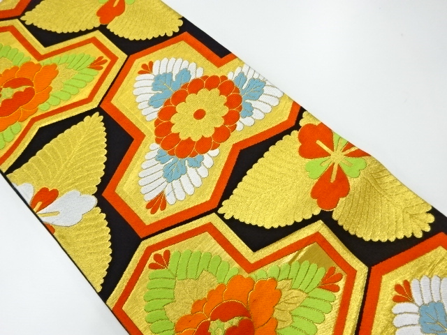 JAPANESE KIMONO / ANTIQUE FUKURO OBI / WOVEN BISHAMON KIKKO PATTERN